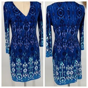 Ali‎ Ro Printed MIDI Sheath Dress V-Neck 3/4 Sleeve Stretch Pullover Blue 2